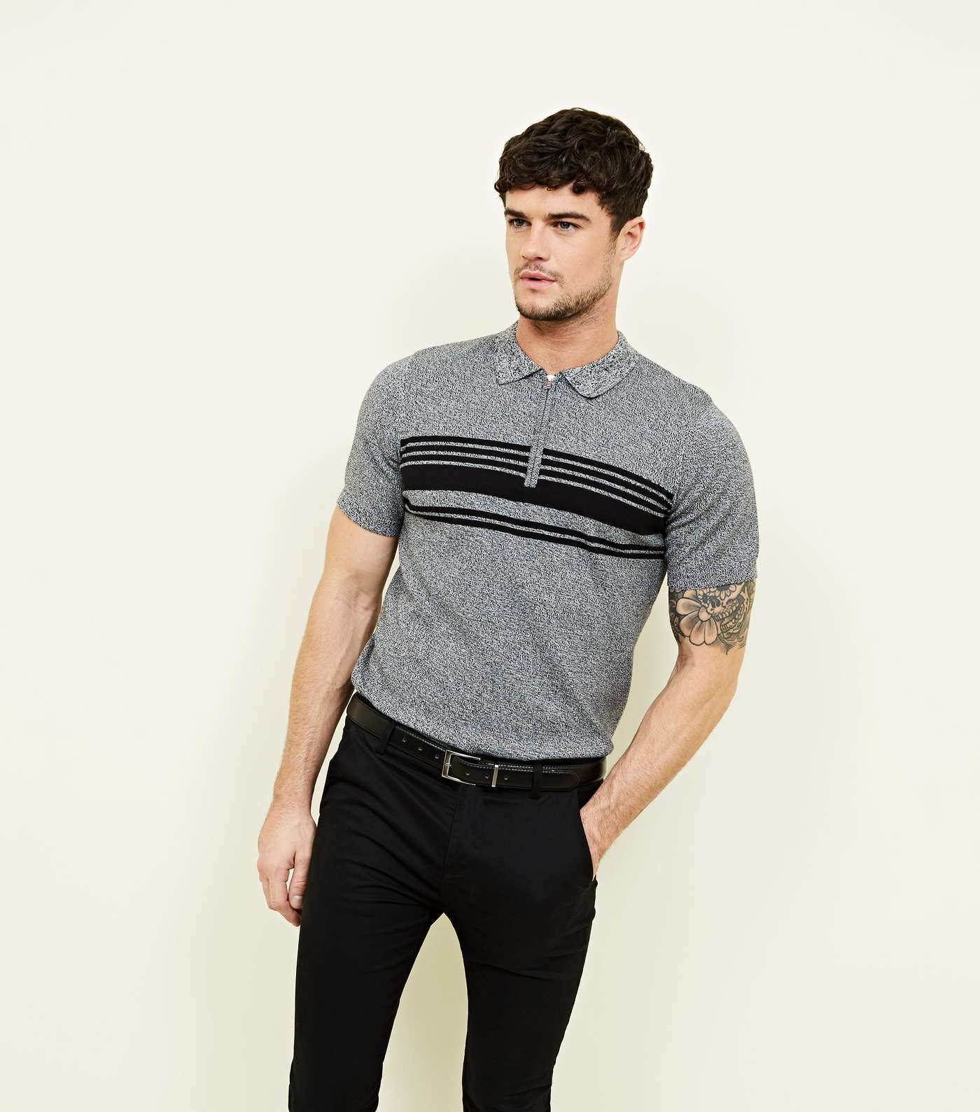 Light Grey Zip Stripe Block Knit Polo Shirt