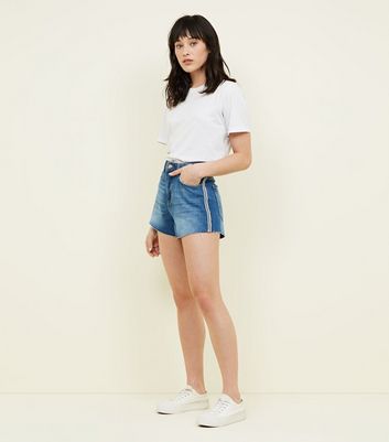 blue and white denim shorts