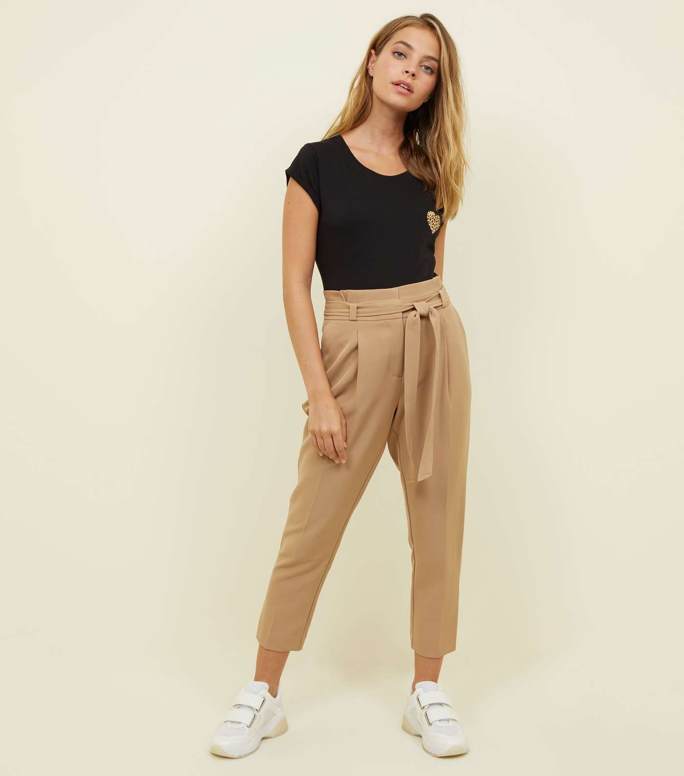 Petite Camel Paperbag Waist Tapered Trousers 
