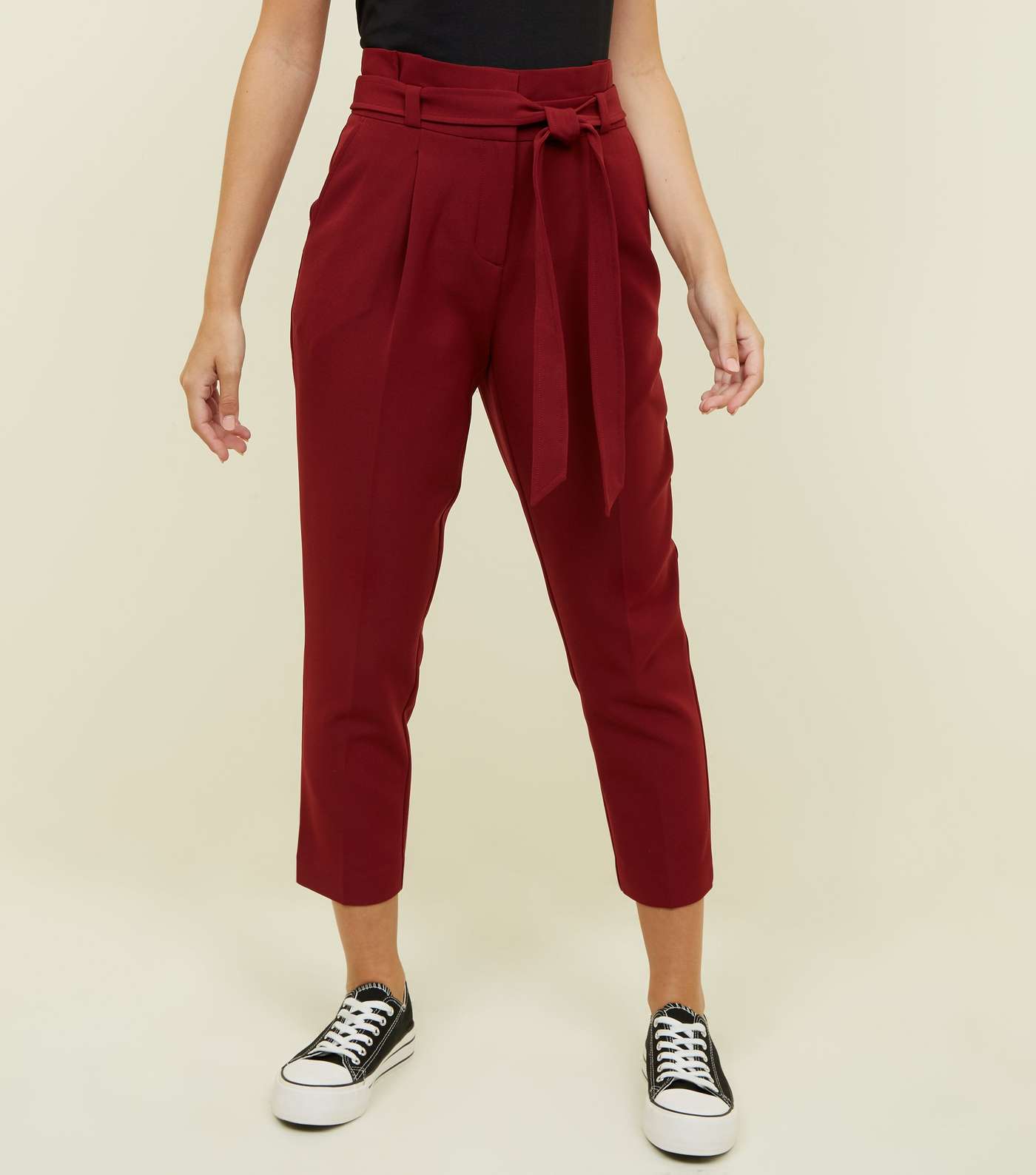 Petite Burgundy Belted Paperbag Waist Trousers Image 2