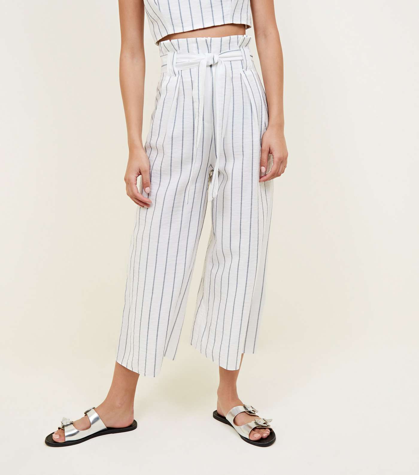 White Stripe Linen-Look Paperbag Culottes Image 2