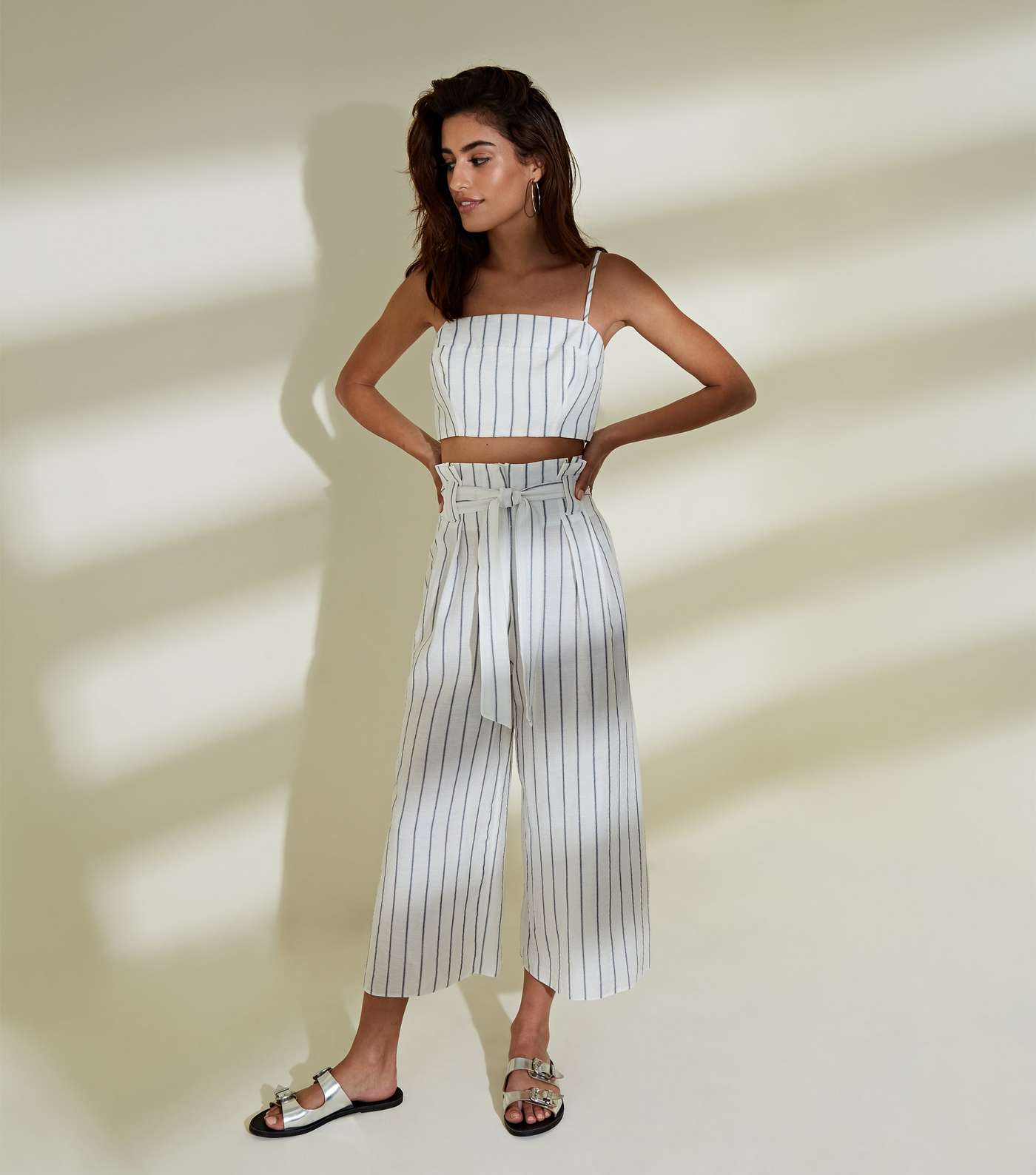 White Stripe Linen-Look Paperbag Culottes Image 6