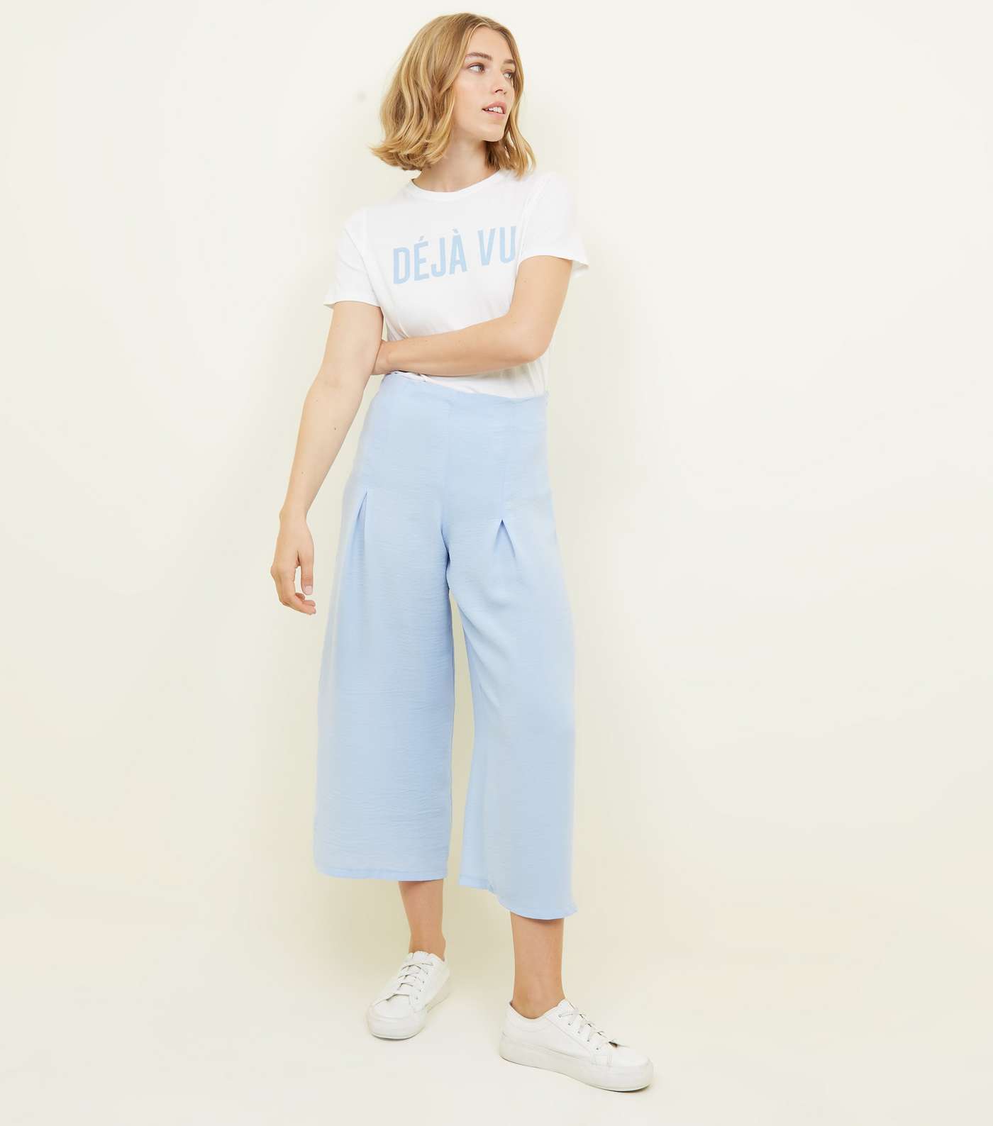 Pale Blue Pleated High Waist Cropped Trousers Image 6