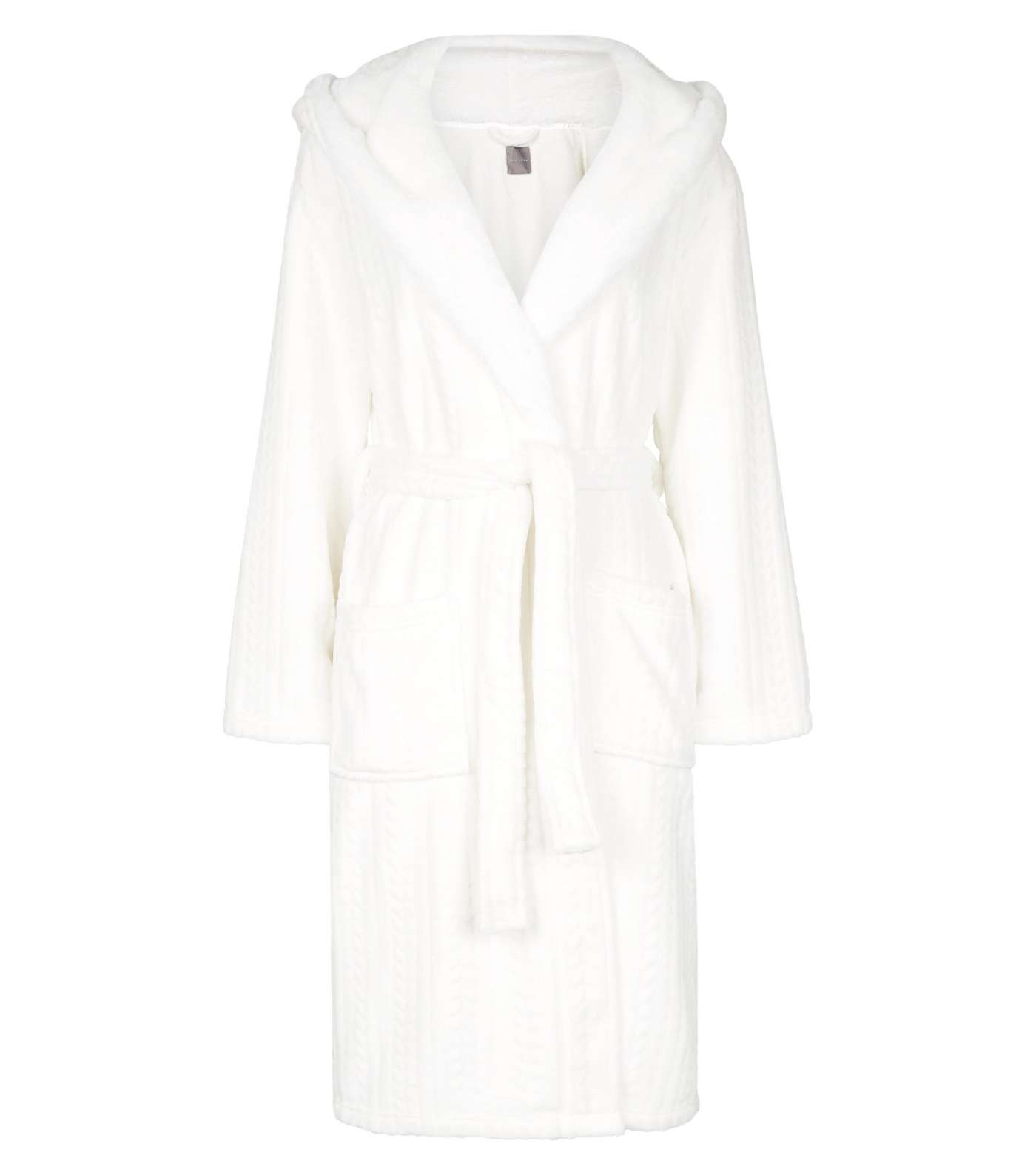 Off White Fluffy Hooded Dressing Gown Image 4