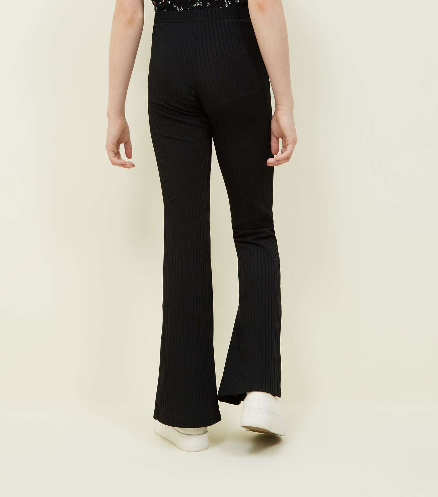 Girls Black Ribbed Flared Trousers Image 3