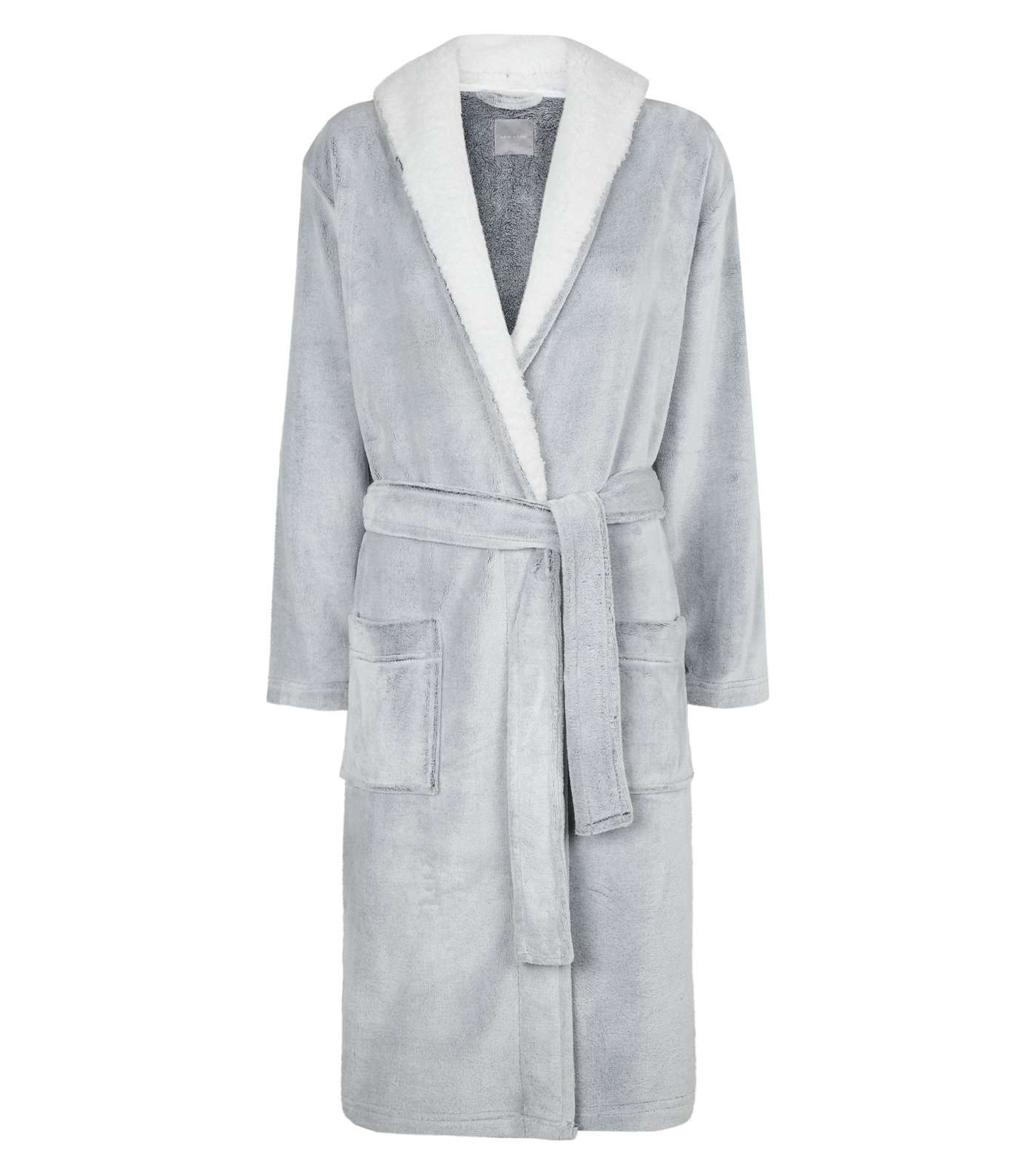 Pale Grey Hooded Borg Trim Dressing Gown  Image 4