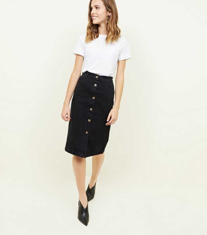 Black Denim Button Up Midi Skirt
