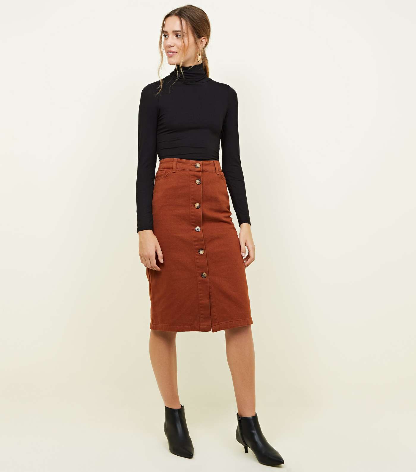 Rust Button Up Denim Midi Skirt