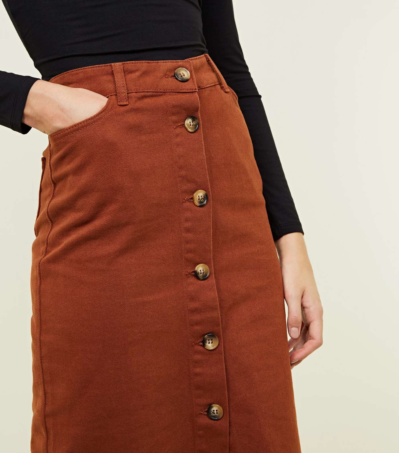 Rust Button Up Denim Midi Skirt Image 5