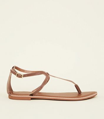 Wide Fit Tan Leather Flat Sandals | New 