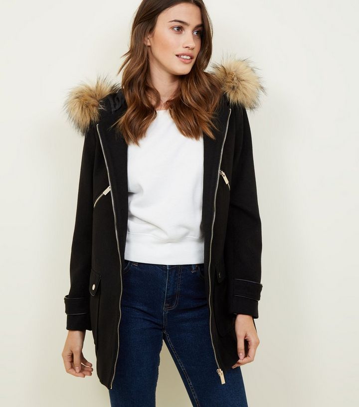 Black Faux Fur Trim Duffle Coat New Look, Womens Coats With Faux Fur Trim