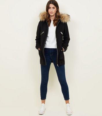 black faux fur trim duffle coat