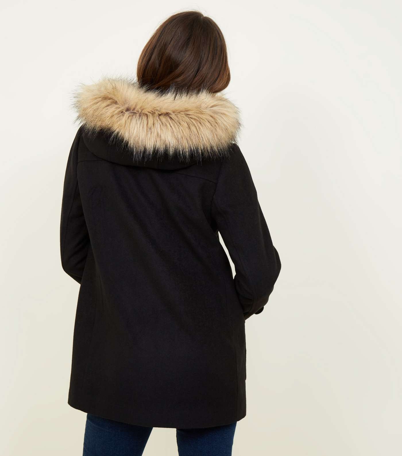 Black Faux Fur Trim Duffle Coat Image 3