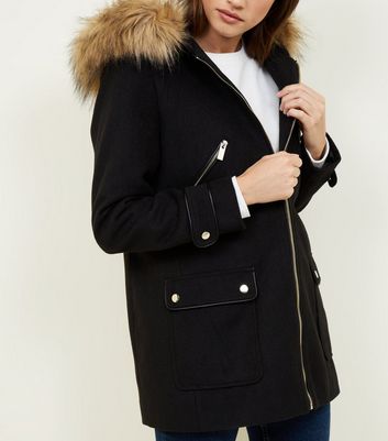 black faux fur trim duffle coat