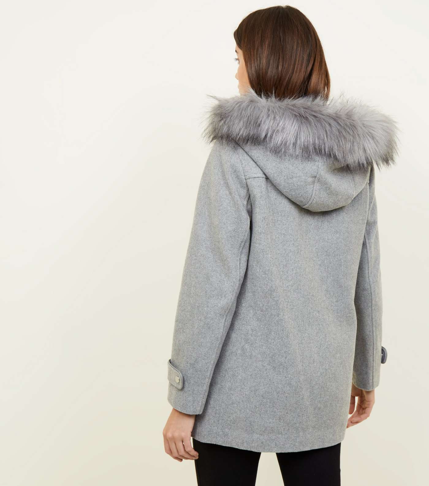 Pale Grey Faux Fur Trim Duffle Coat  Image 3
