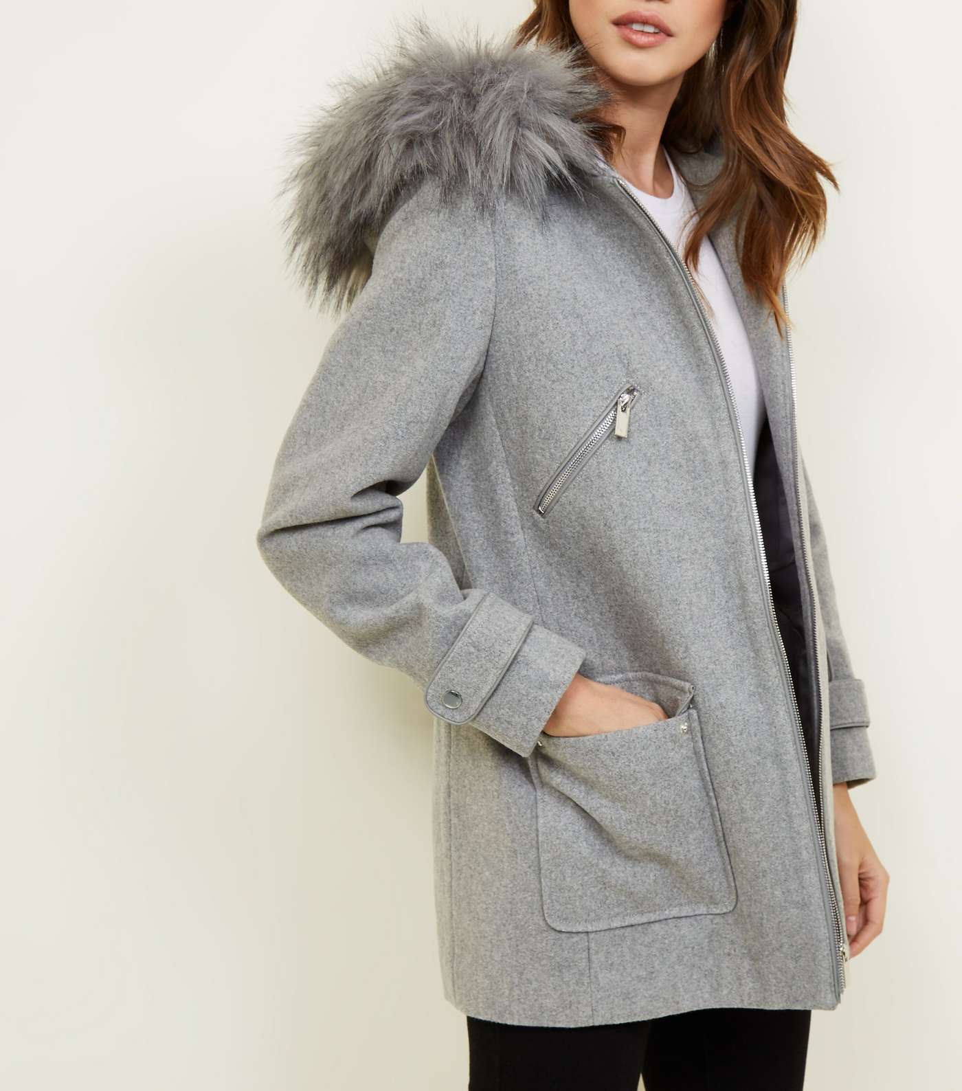 Pale Grey Faux Fur Trim Duffle Coat  Image 5