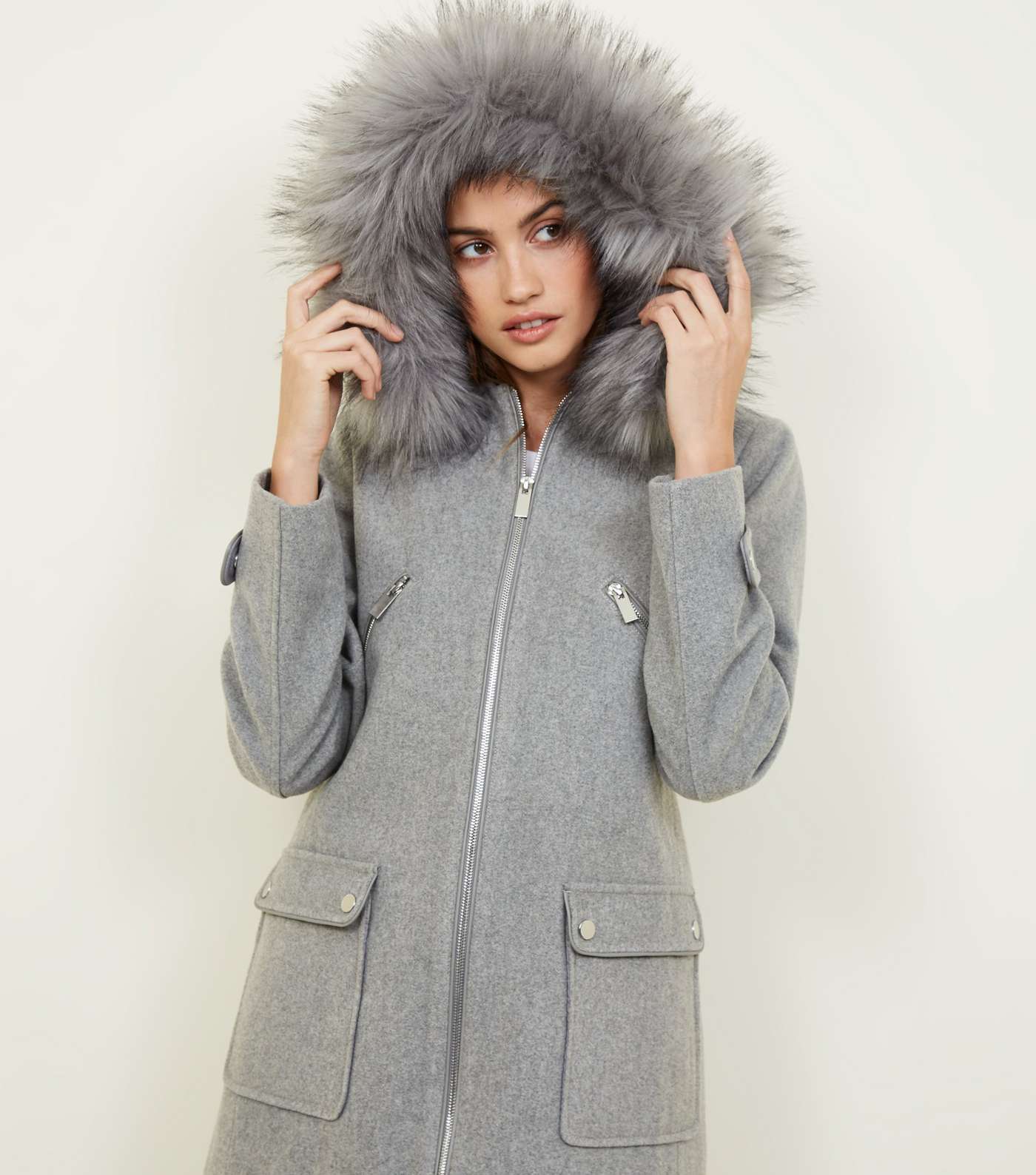 Pale Grey Faux Fur Trim Duffle Coat  Image 7