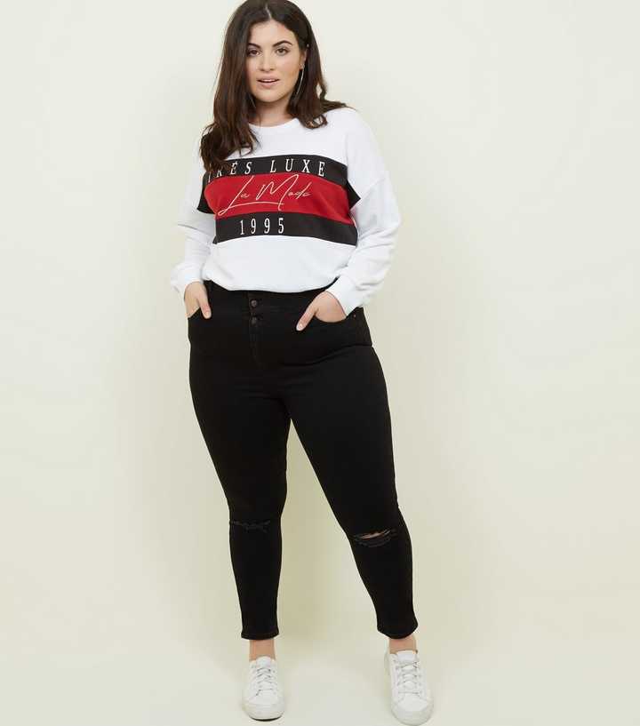 Curves Black High Waist 3 Button Ripped Jeans 