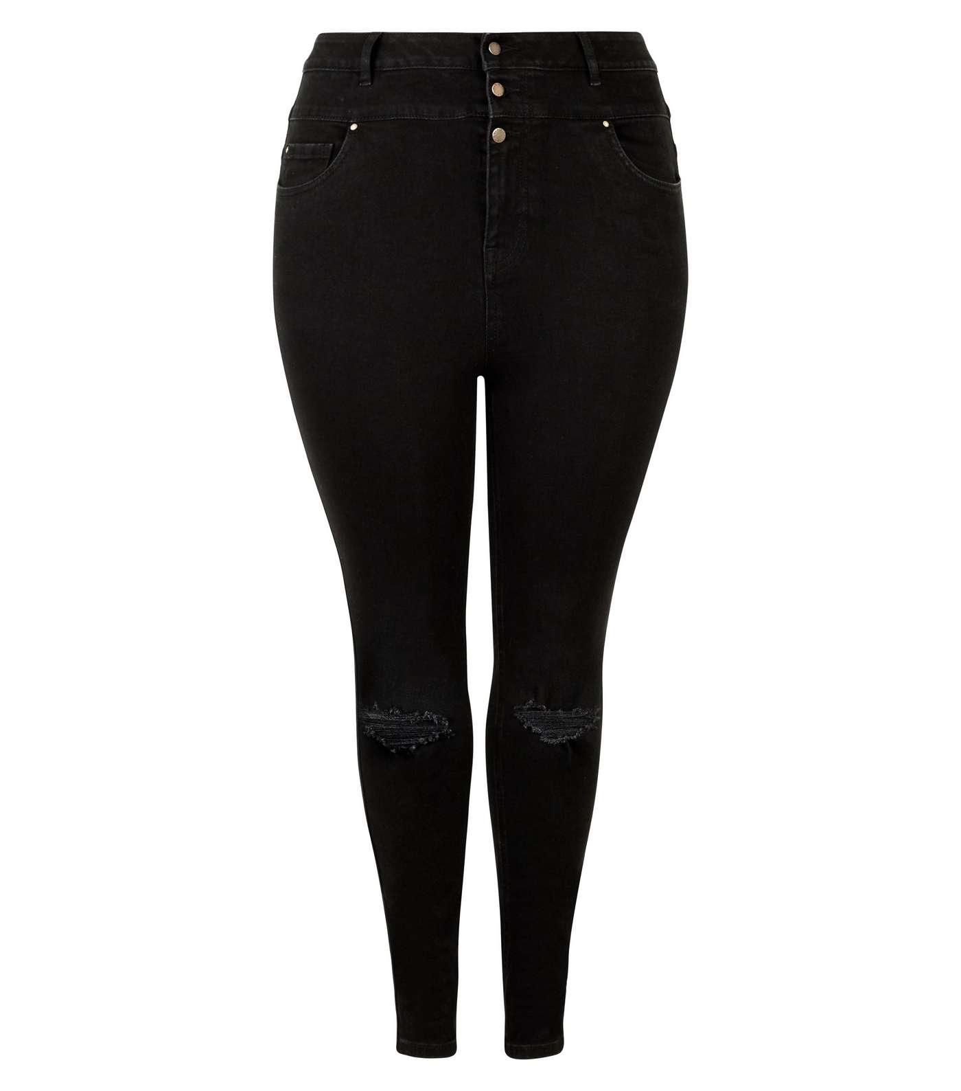Curves Black High Waist 3 Button Ripped Jeans  Image 4
