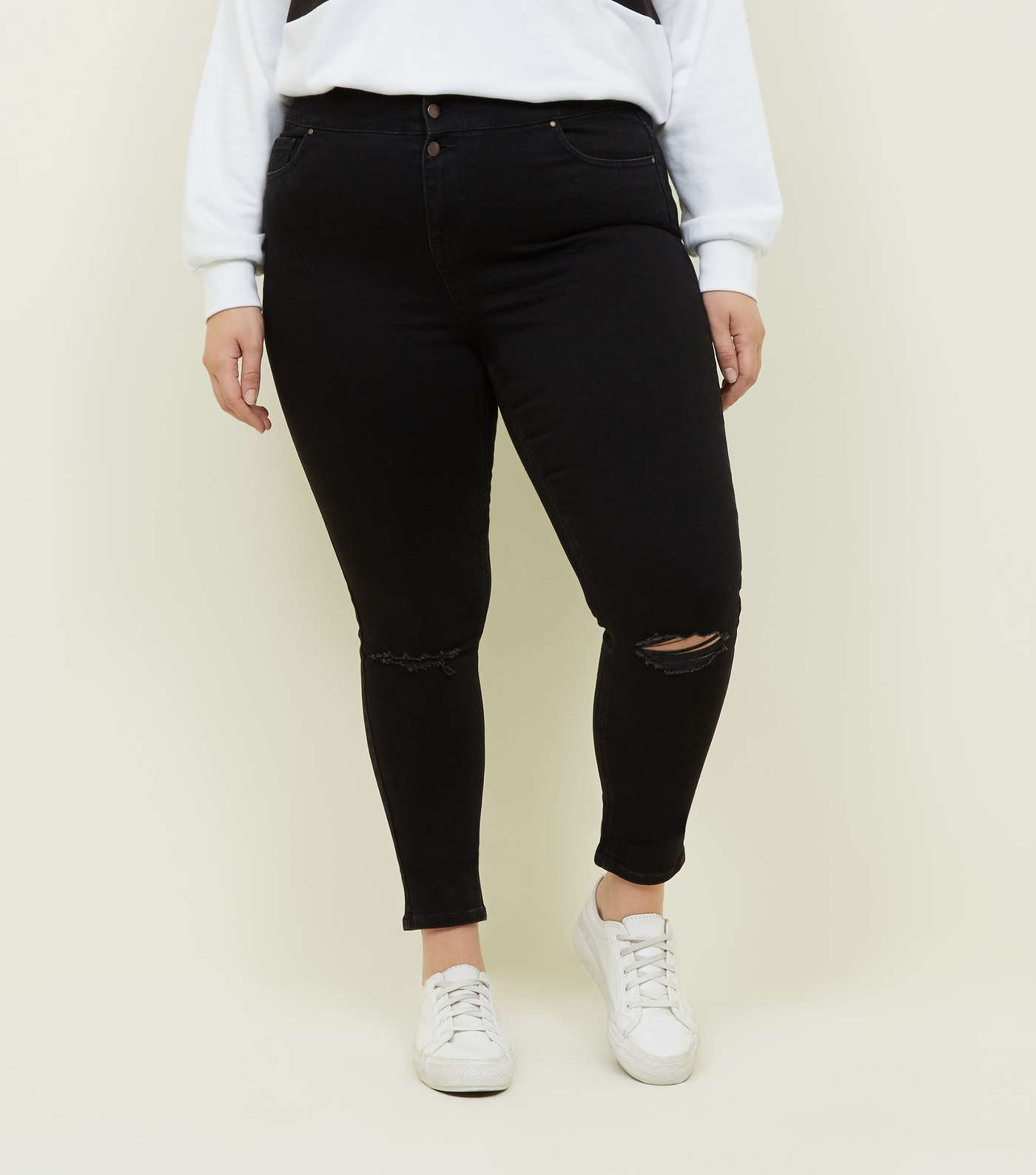 Curves Black High Waist 3 Button Ripped Jeans  Image 2