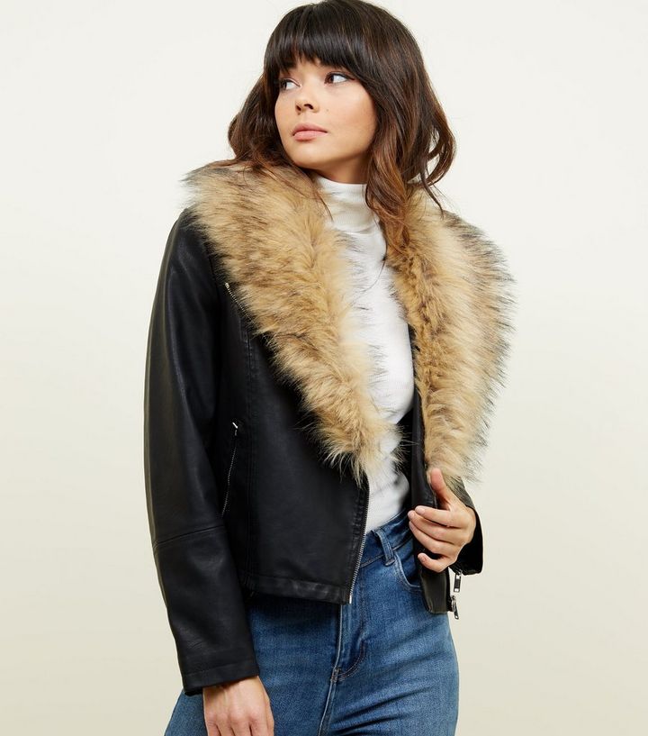 Black Leather Look Faux Fur Collar Jacket New Black Leather Look Faux Fur Collar Jacket