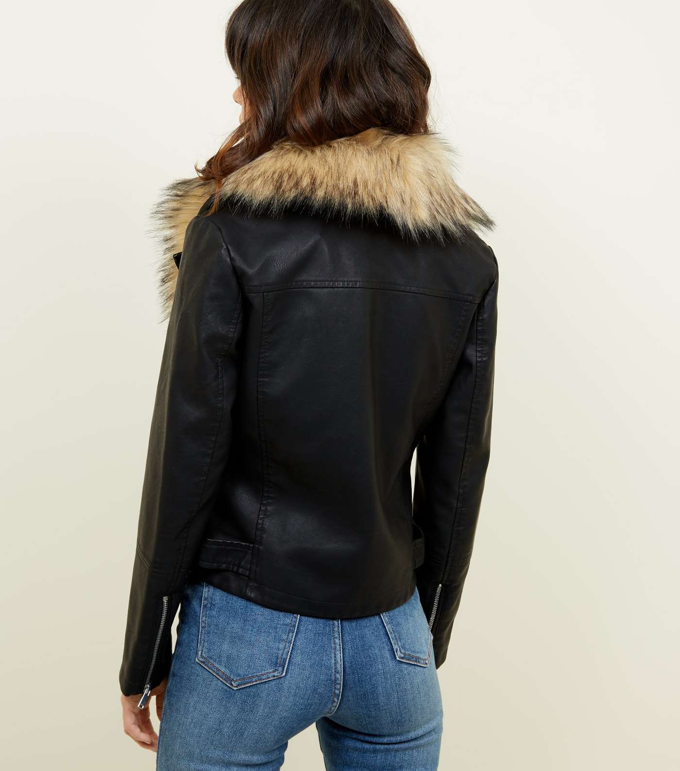 Black Leather-Look Faux Fur Collar Jacket  Image 3
