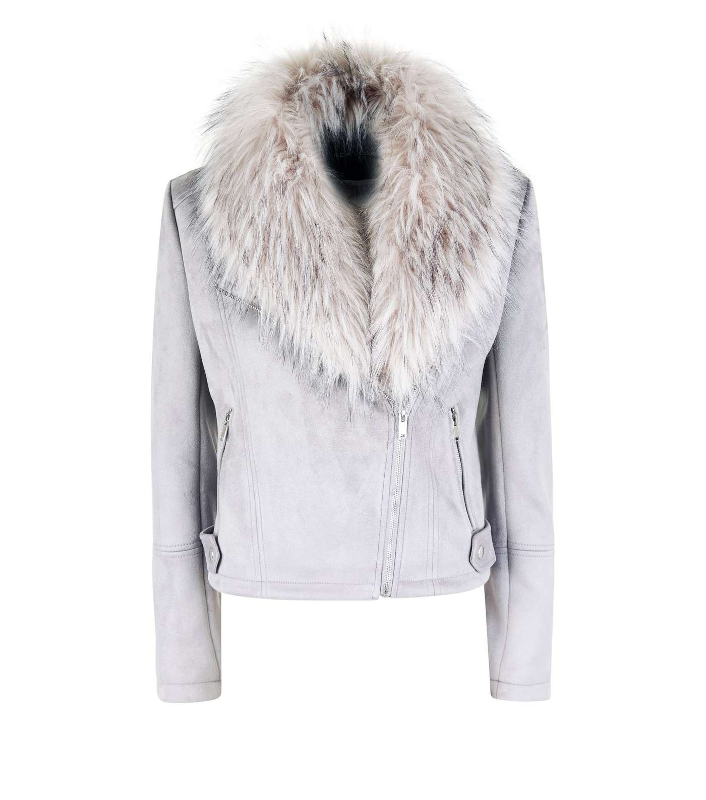 Pale Grey Suedette Faux Fur Collar Jacket  Image 4