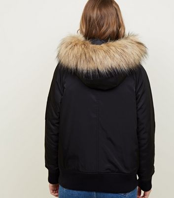 Black Faux Fur Hood Bomber Jacket