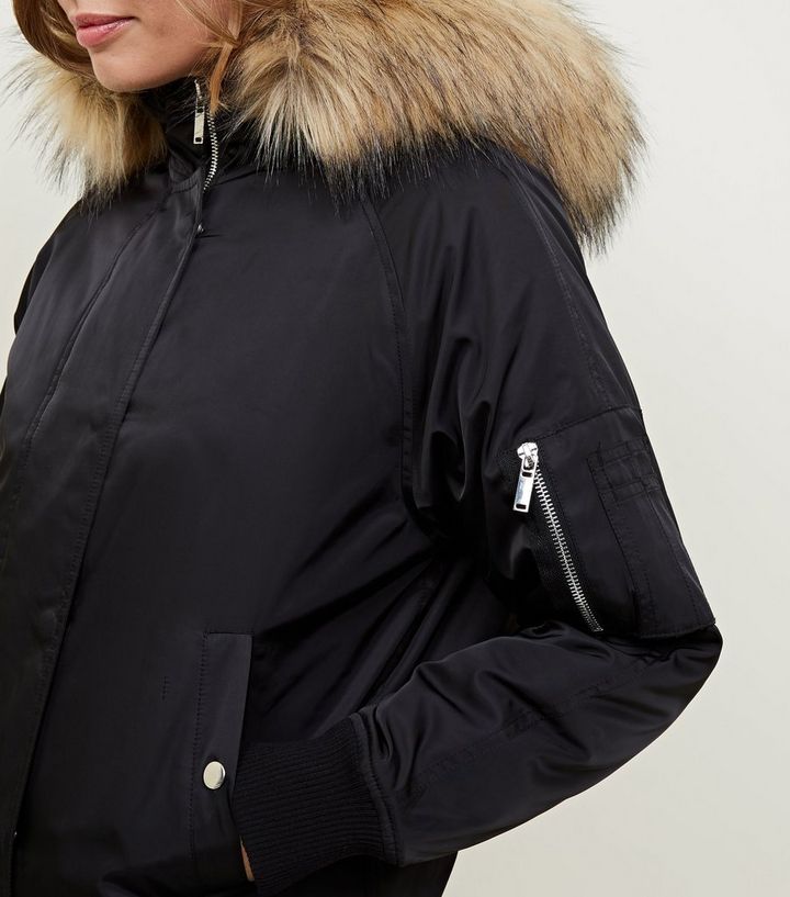 Black Faux Fur Hood Bomber Jacket New Look