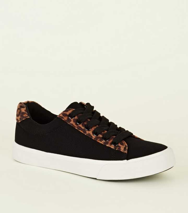 Girls Black Leopard Trim Lace Up Trainers