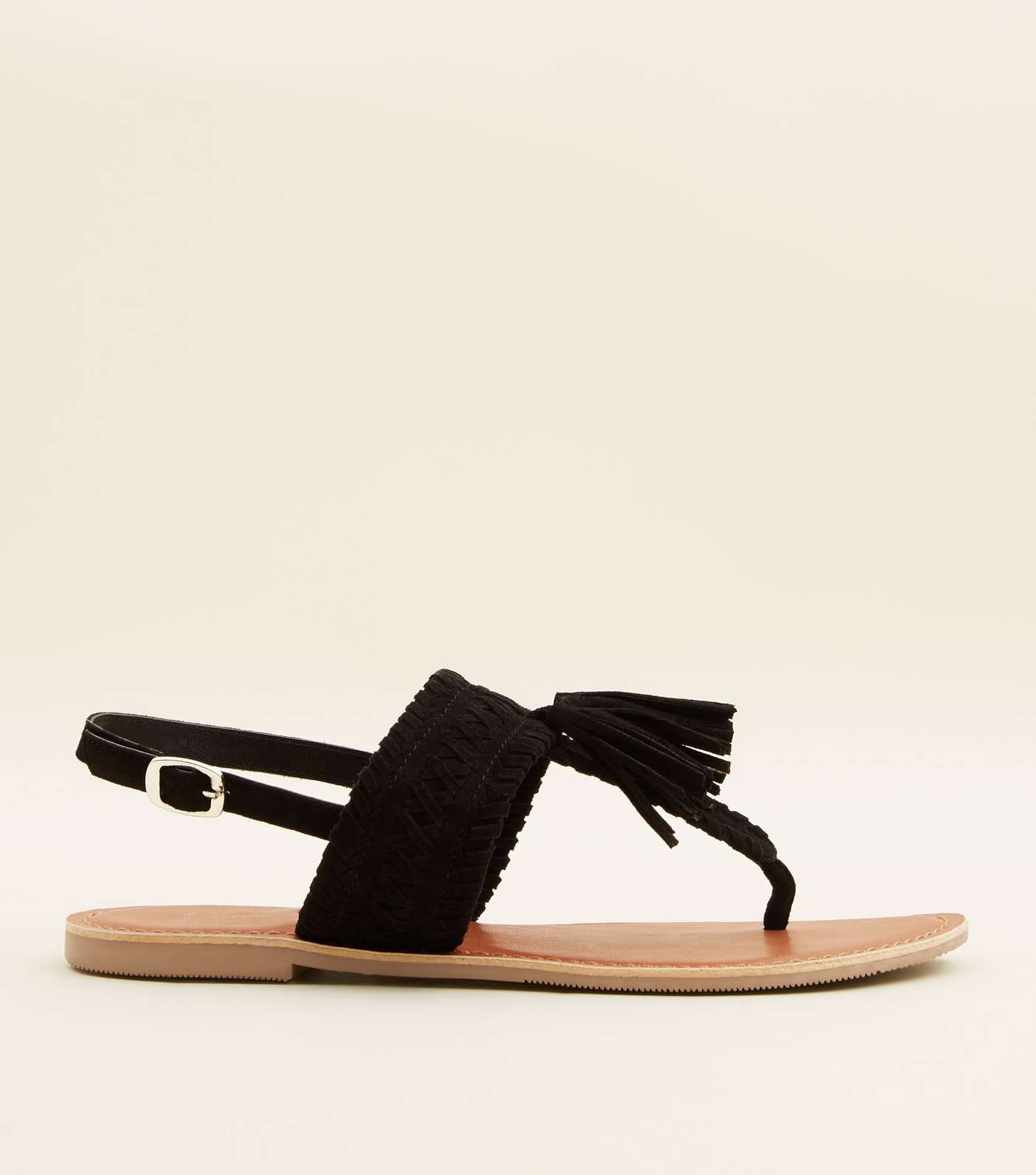 Wide Fit Black Suede Tassel Woven Strap Sandals