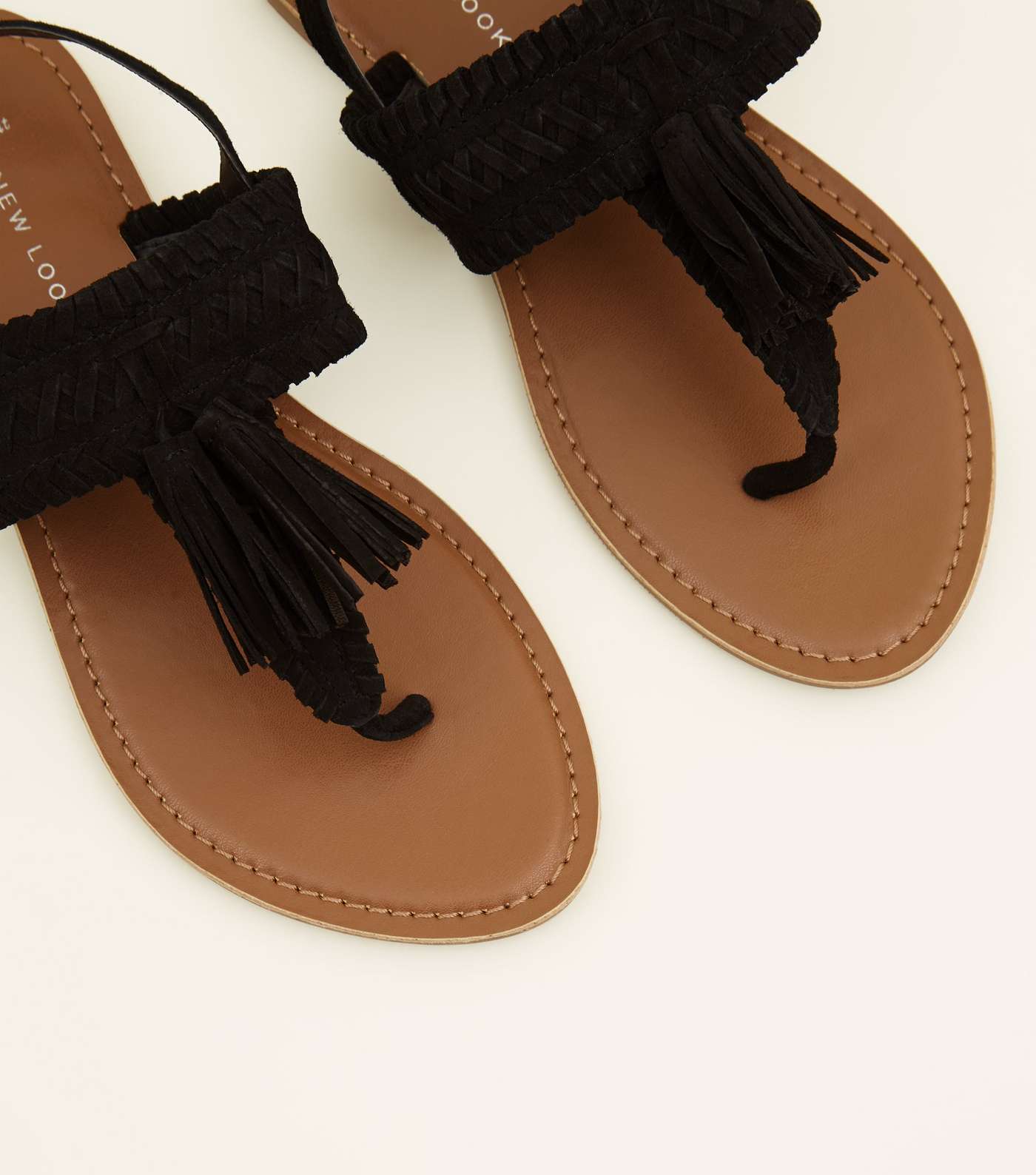 Wide Fit Black Suede Tassel Woven Strap Sandals Image 3
