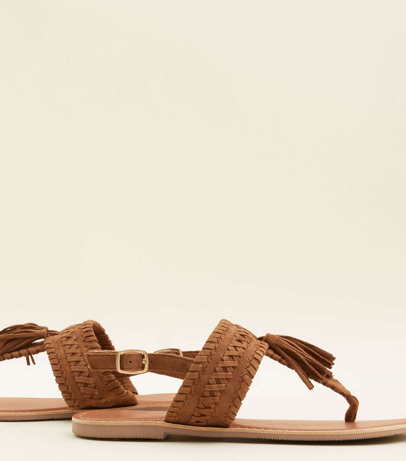 Wide Fit Tan Suede Tassel Woven Strap Sandals Image 4