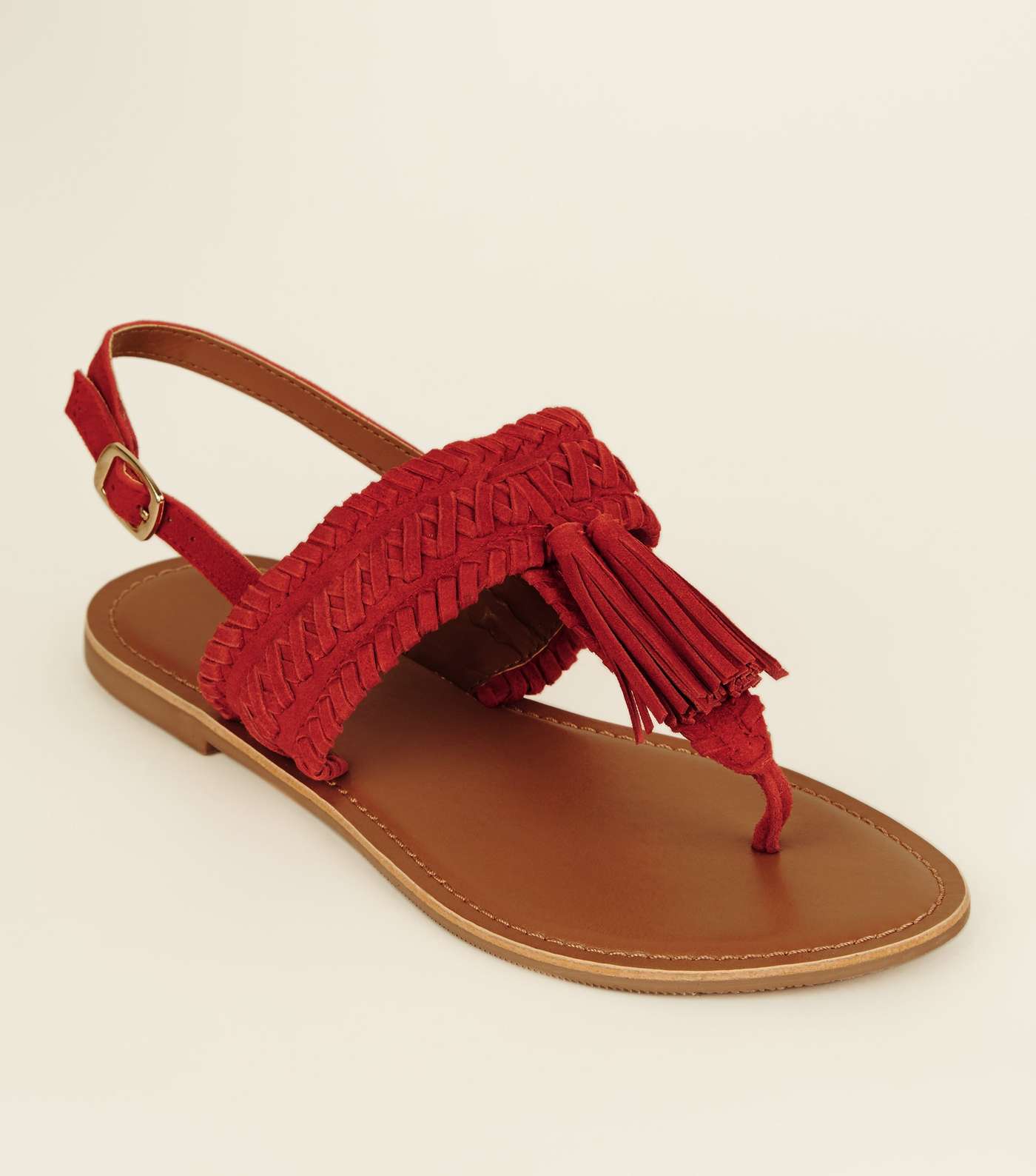 Wide Fit Red Suede Tassel Woven Strap Sandals