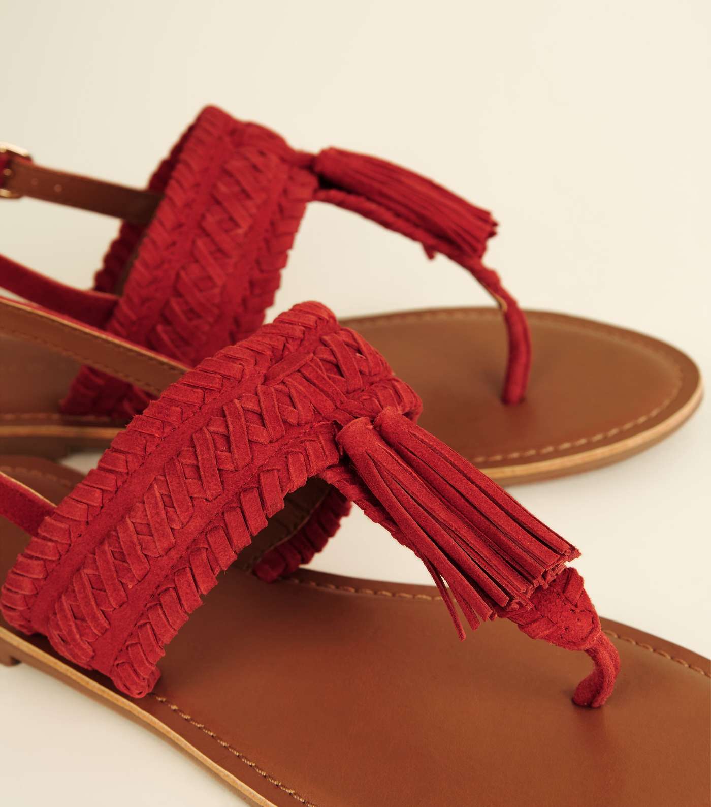 Wide Fit Red Suede Tassel Woven Strap Sandals Image 3