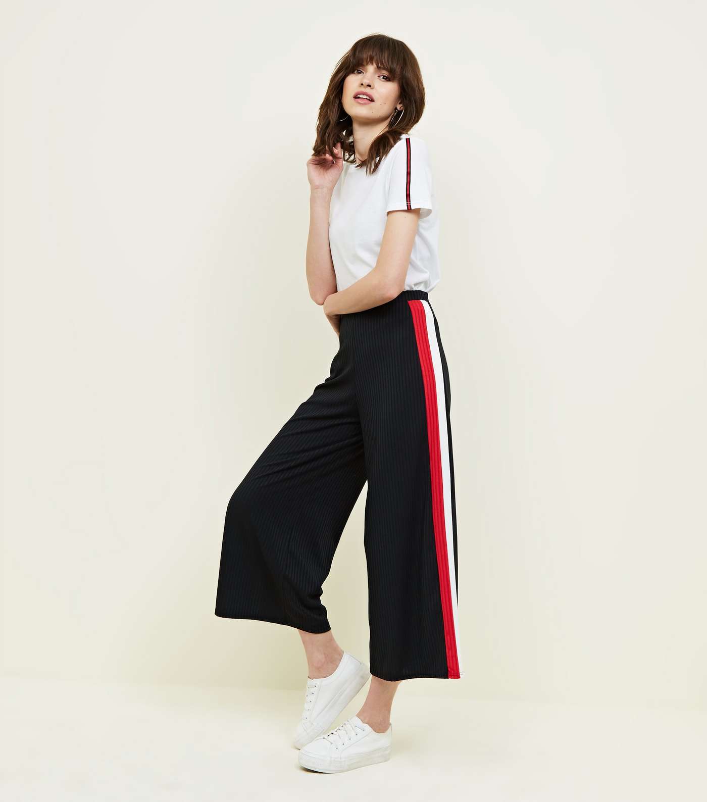 Black Ribbed Side Stripe Cropped Trousers