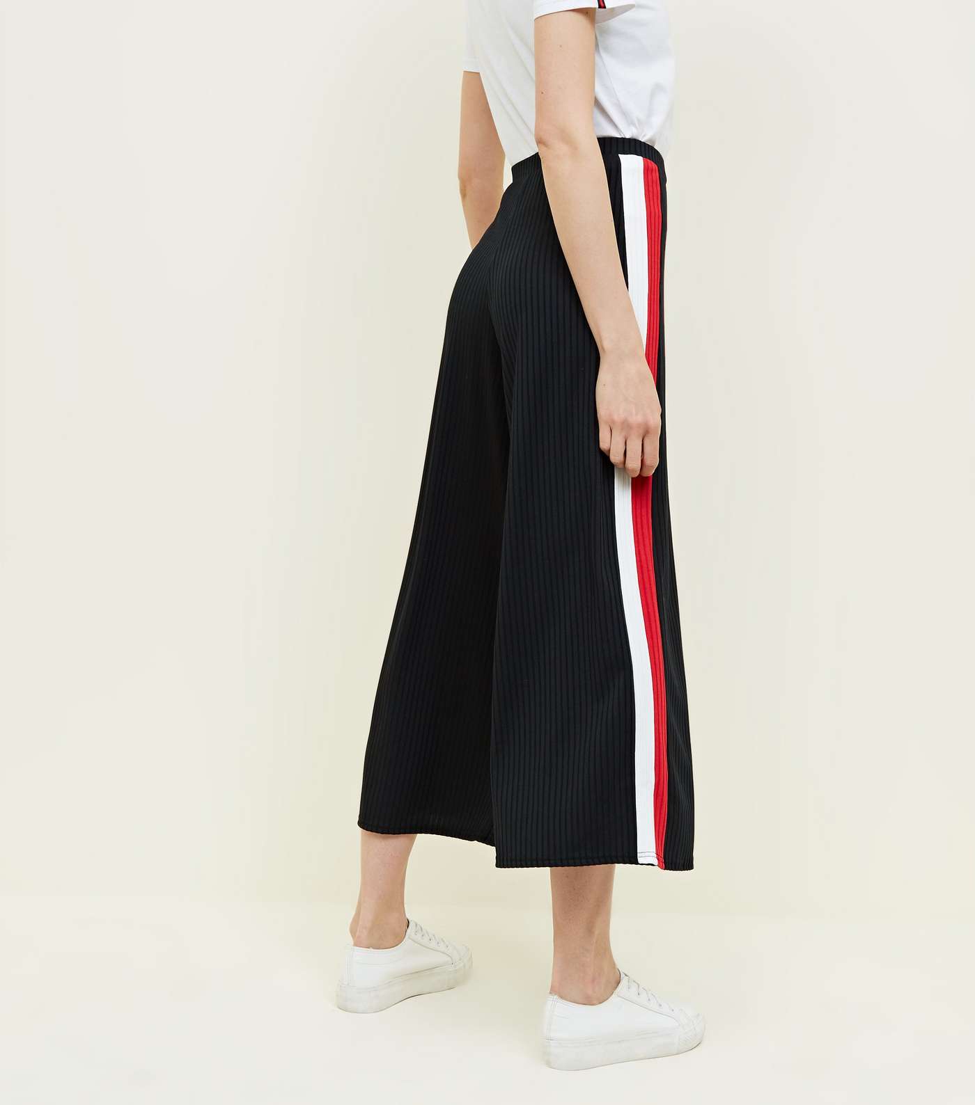 Black Ribbed Side Stripe Cropped Trousers Image 3
