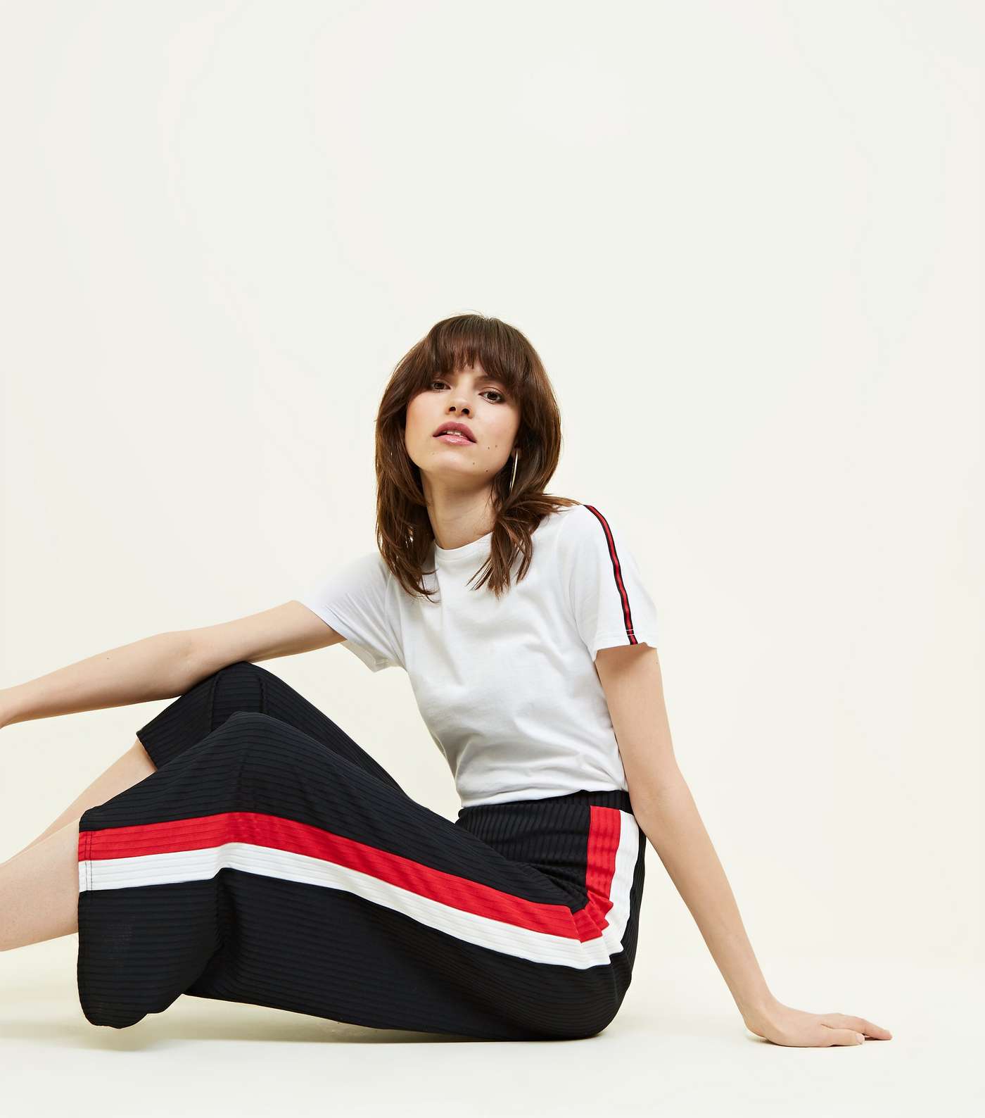 Black Ribbed Side Stripe Cropped Trousers Image 5