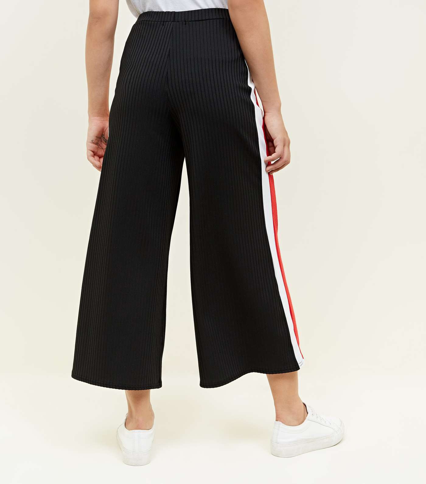 Black Ribbed Stripe Side Wide Leg Trousers  Image 3