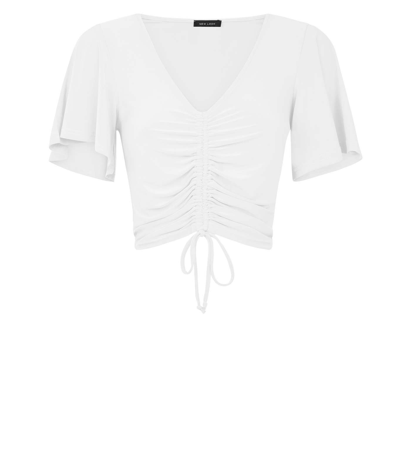 White Ruched Front Flutter Sleeve Crop Top Image 4