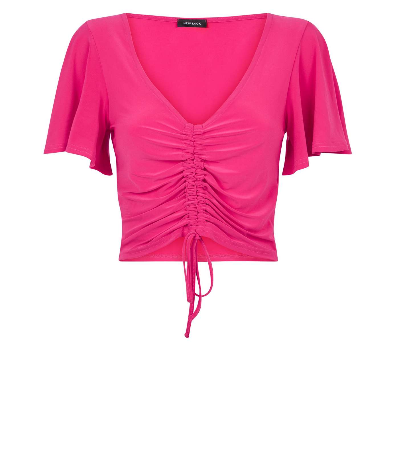 Bright Pink Ruched Front Flutter Sleeve Crop Top Image 4