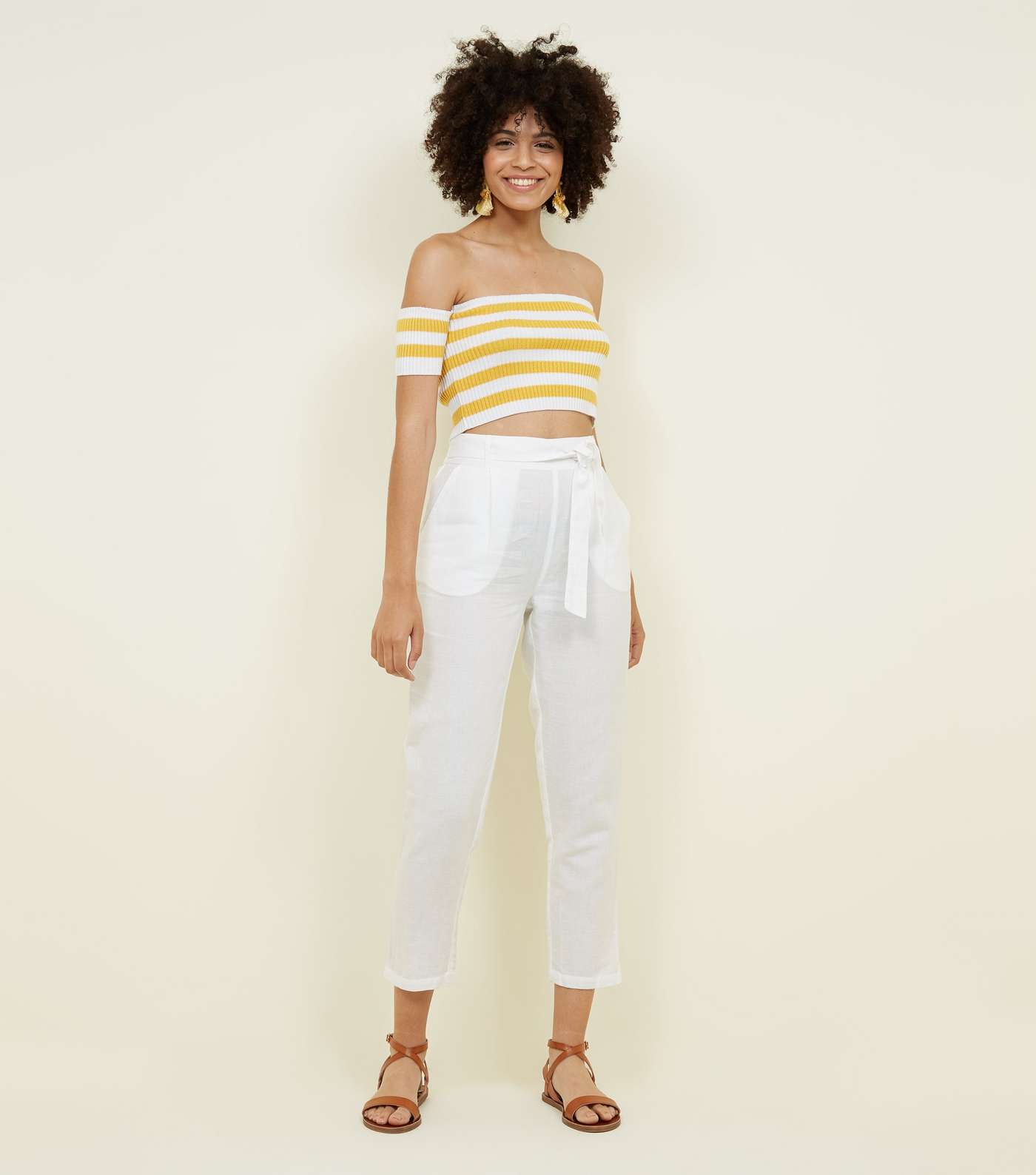 White Linen Blend Tie Waist Cropped Trousers