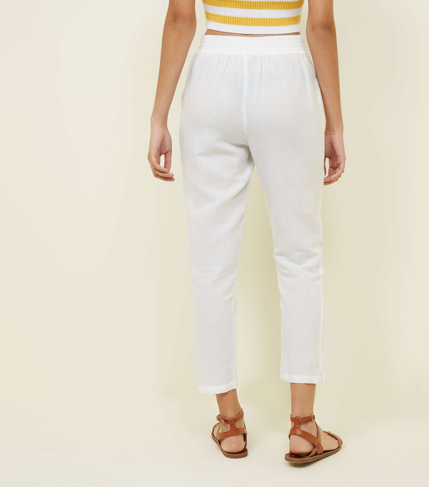 White Linen Blend Tie Waist Cropped Trousers Image 3