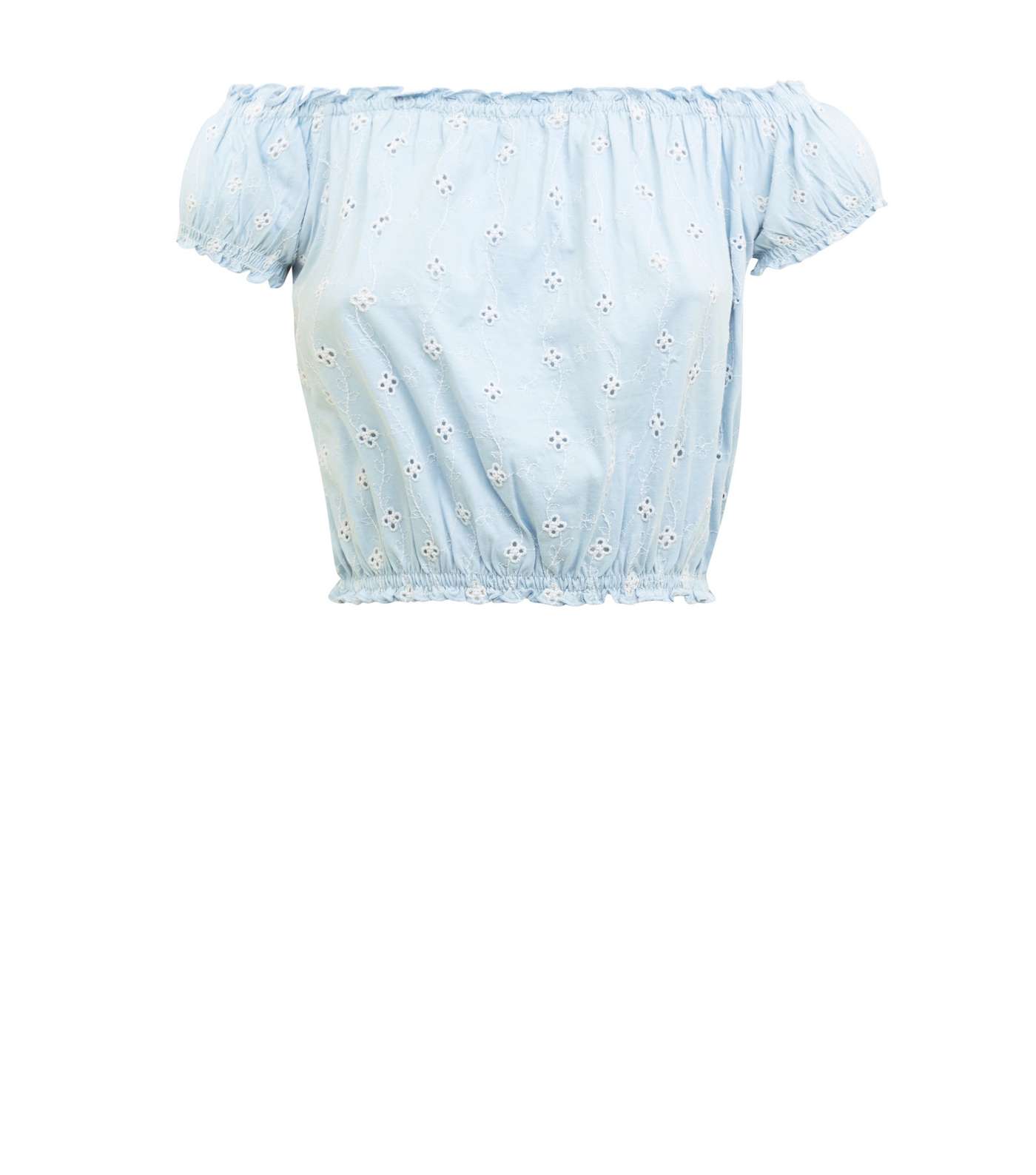 Pale Blue Broderie Gathered Bardot Crop Top Image 4