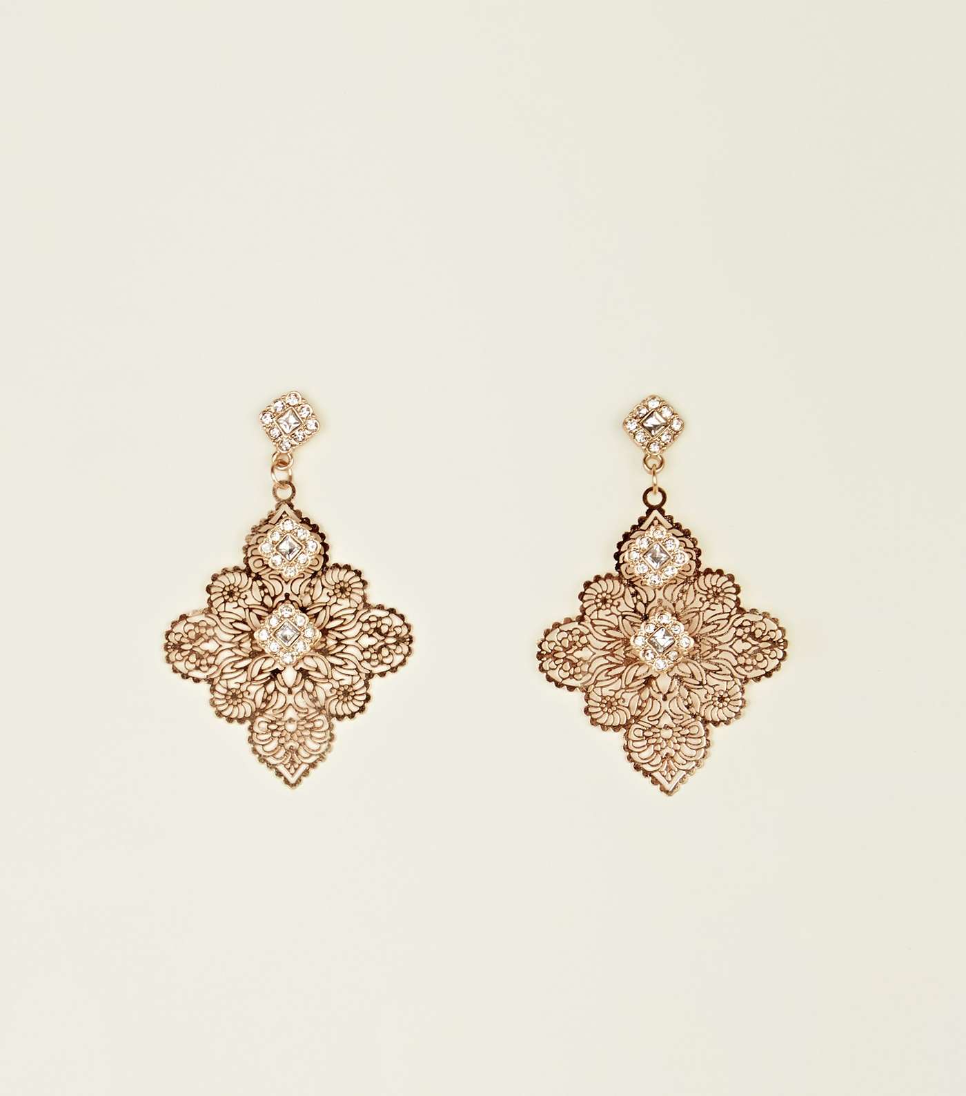 Gold Cut Out Floral Diamanté Chandelier Earrings
