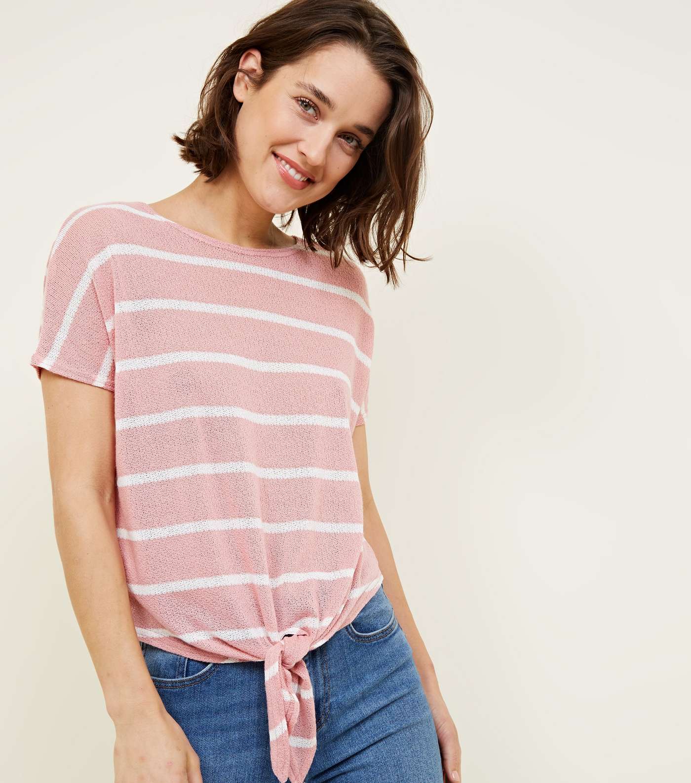 Pink Stripe Fine Knit Tie Front T-Shirt