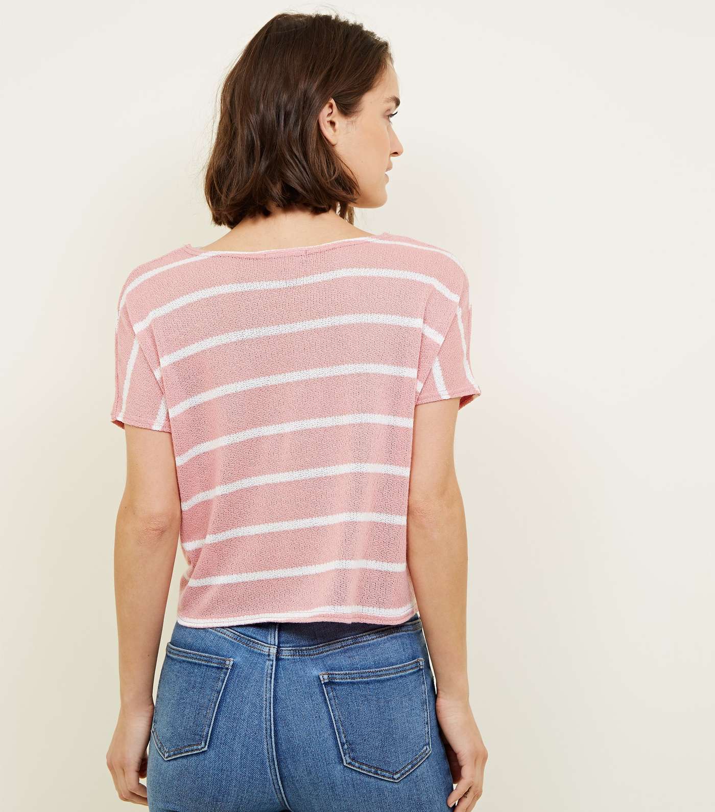 Pink Stripe Fine Knit Tie Front T-Shirt Image 3