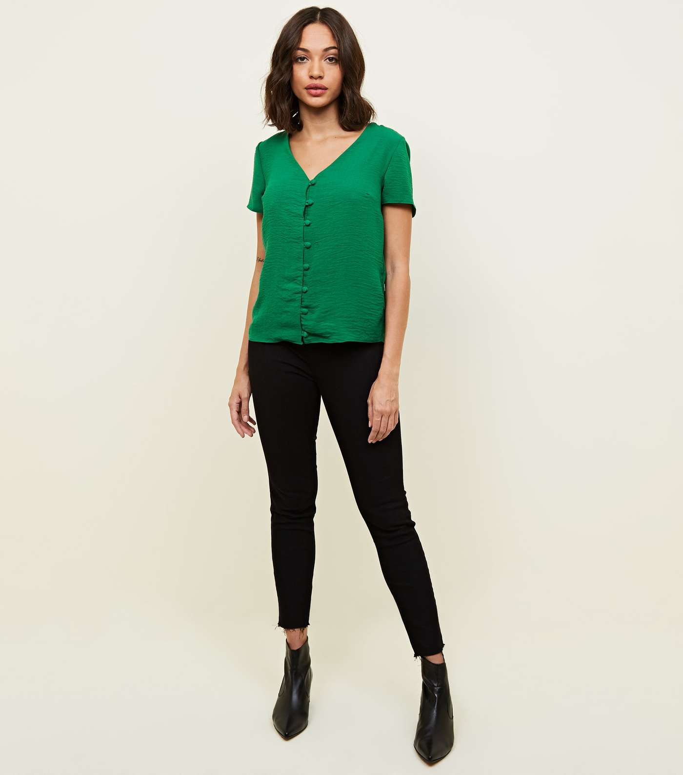Green V Neck Button Front Blouse Image 2