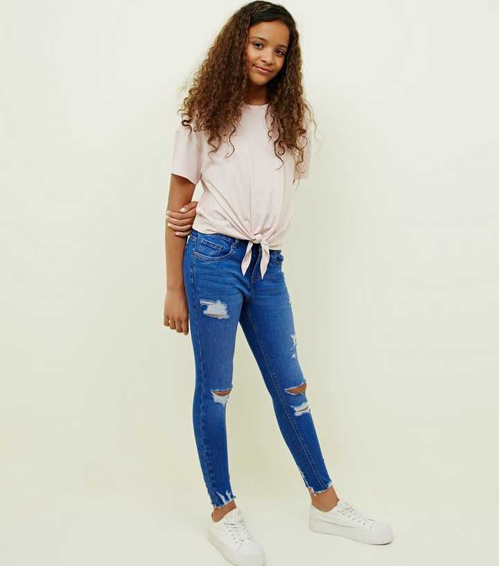 brugt Ansøger silhuet Girls Bright Blue Ripped Skinny Jeans | New Look