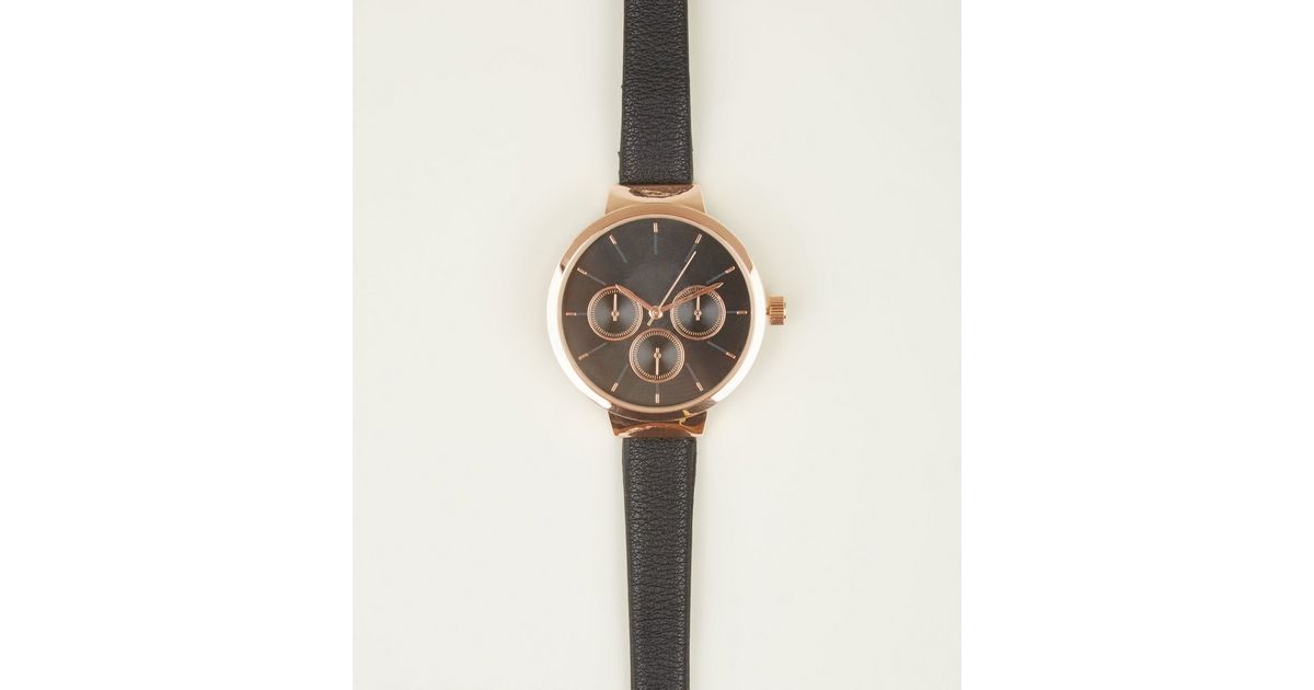 Black Textured Skinny Strap Sub Dial Watch | New Look